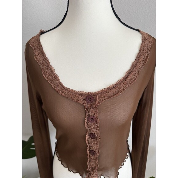 Y2K Brown Sheer Mesh Lace Trim Cropped Button Front Long Sleeve Top M Coquette - Picture 3 of 14